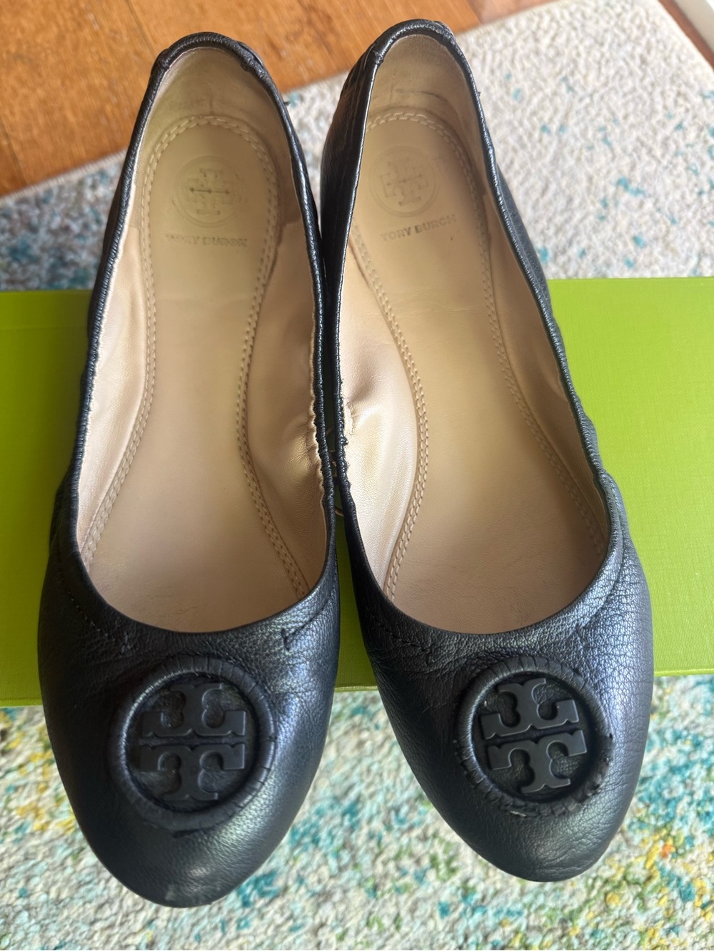 Tory Burch Black Leather Logo Ballet Flats